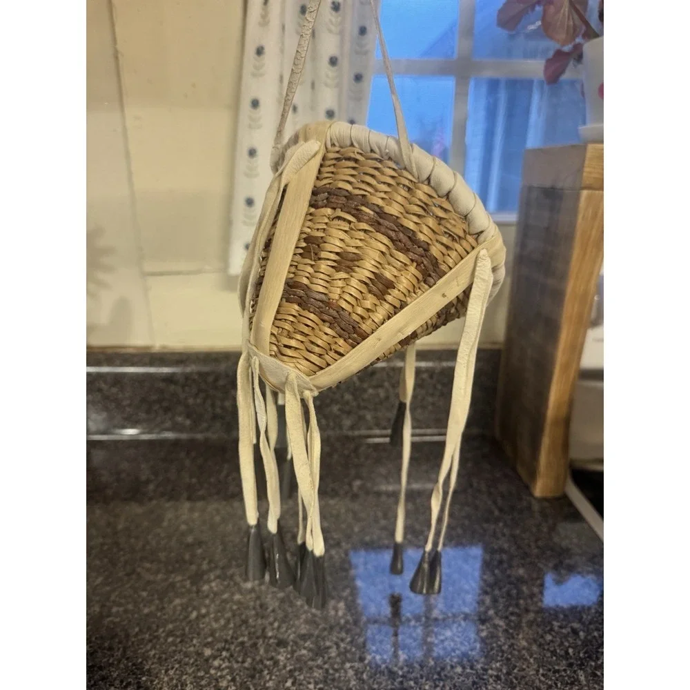 VTG Hand Crafted Apache Burden Basket Native American Indian W Metal Cones